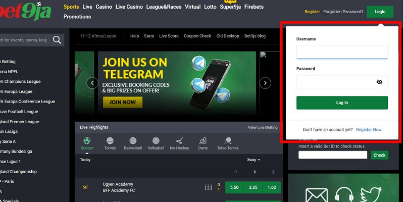 Enter your login credentials to access Bet9ja