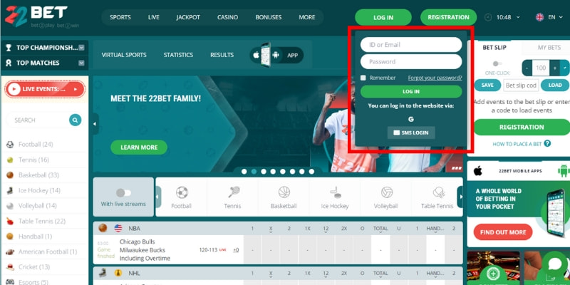 Fill out your information to Log in to your 22Bet account